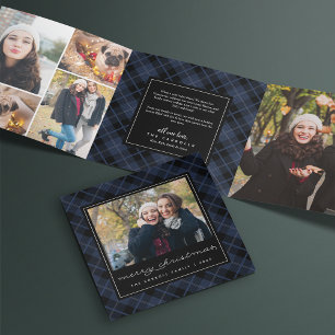 Navy Blue Tartan Plaid Photo Tri-Fold Holiday Card