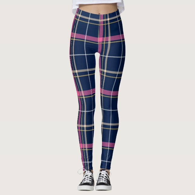 Navy Blue Tartan Plaid with Pink Stripe Leggings (Front)