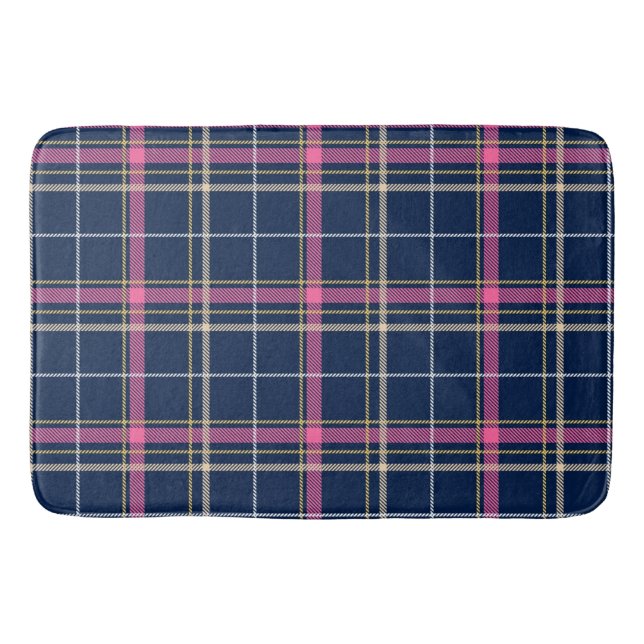 Navy Blue Tartan Plaid with Pink White Beige Bath Mat (Front)