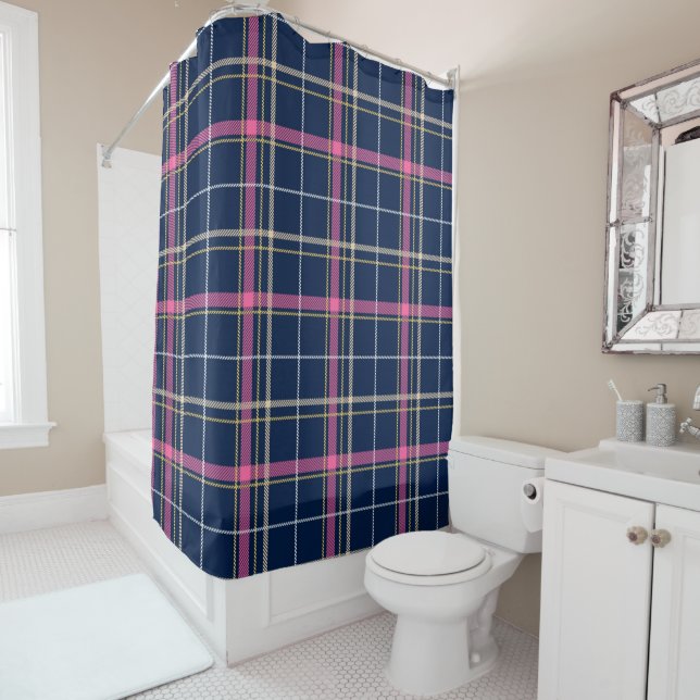Navy Blue Tartan Plaid with Pink White Beige Shower Curtain (In Situ)