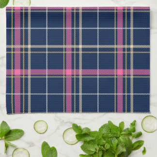 Navy Blue Tartan Plaid with Pink White Beige Tea Towel