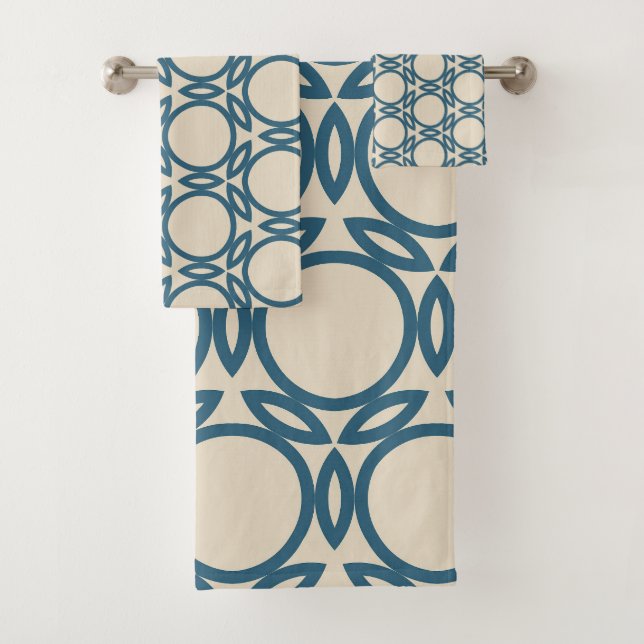 Navy Blue Taupe Geo Design Bath Towel Set (Insitu)
