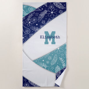navy blue teal artsy boho doodle girls volleyball beach towel