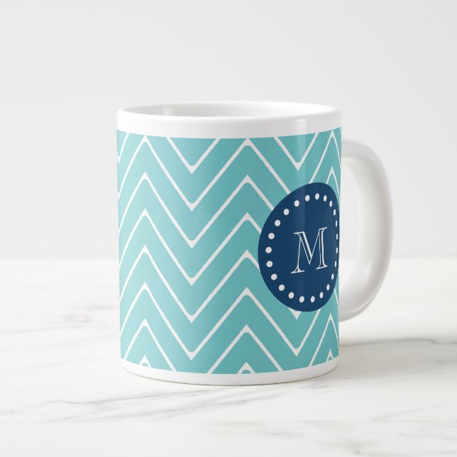 Navy Blue, Teal Chevron Pattern | Your Monogram Large Coffee Mug (Front Right)