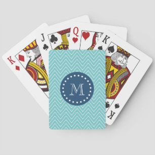 Navy Blue, Teal Chevron Pattern Your Monogram Playing Cards