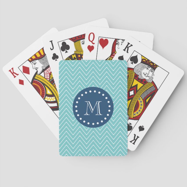 Navy Blue, Teal Chevron Pattern | Your Monogram Playing Cards (Back)