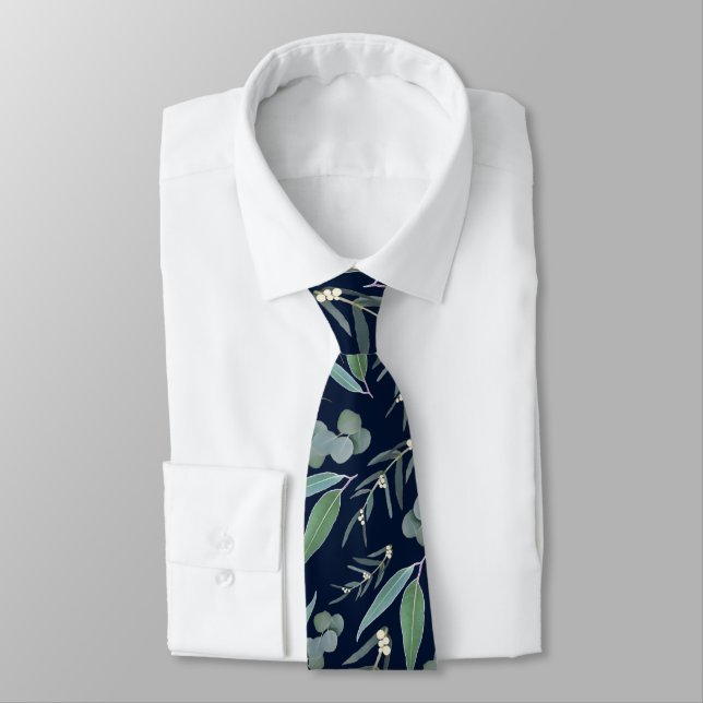 Navy Blue Teal Eucalyptus Greenery Pattern Tie (Tied)