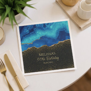 Navy Blue Teal Gold Glitter Abstract Watercolor  Napkin