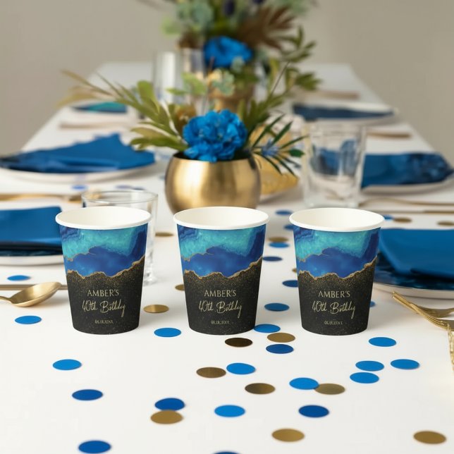 Navy Blue Teal Gold Glitter Abstract Watercolor  Paper Cups (Creator Uploaded)