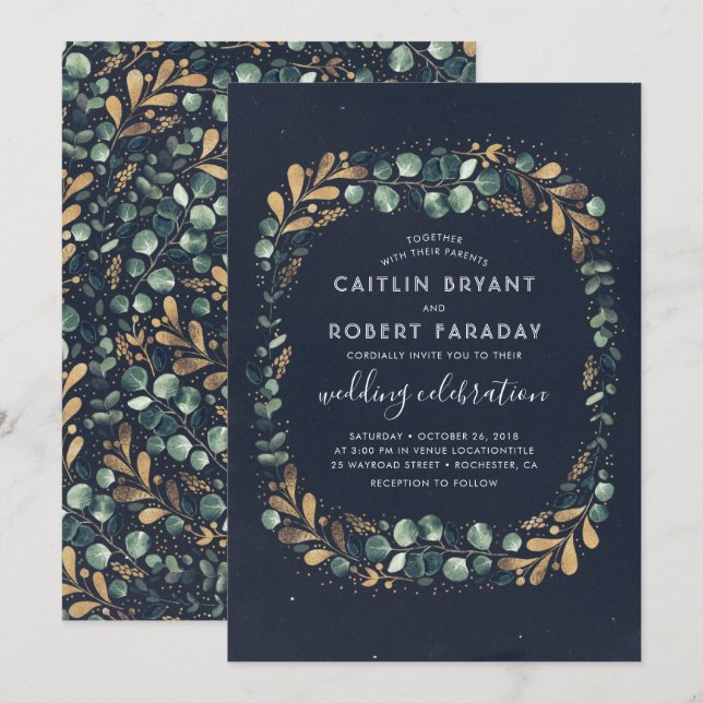 Navy Blue Teal Green and Gold | Greenery Wedding Invitation (Front/Back)