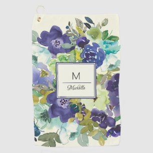 Navy Blue Teal Lemon Yellow Floral Monogram Golf Towel