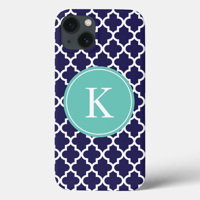 Navy Blue Teal Moroccan Pattern Monogram Case-Mate iPhone Case (Back)