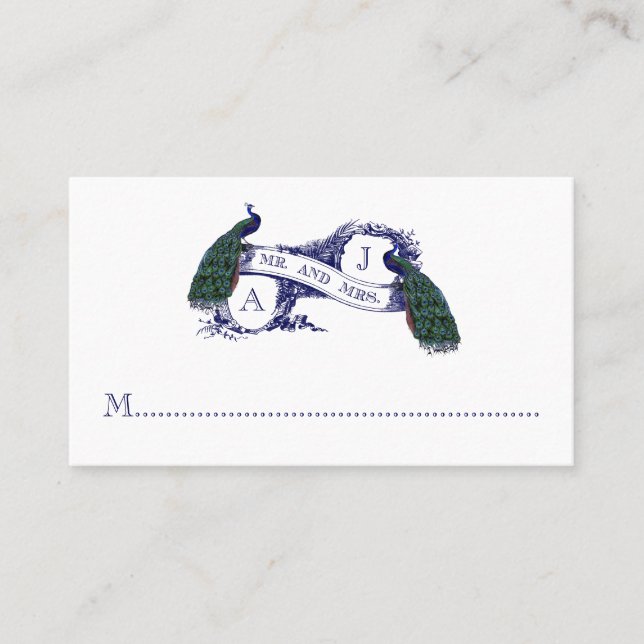 Navy Blue, Teal Peacock Wedding Place Card (Front)
