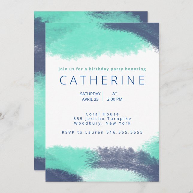 Navy Blue Teal watercolor Brush Strokes Birthday Invitation (Front/Back)