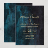 Navy Blue Teal Watercolor Gold Wedding Invitation