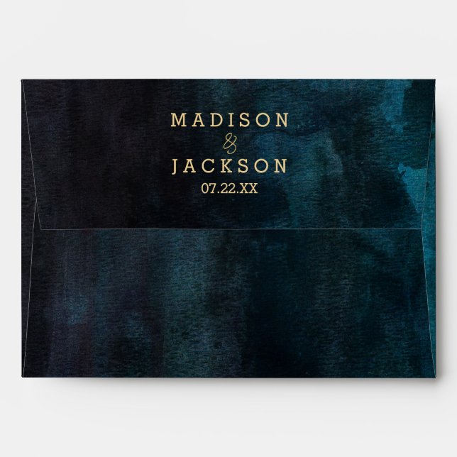 Navy Blue Teal Watercolor & Gold Wedding Monogram Envelopes (Back (Top Flap))