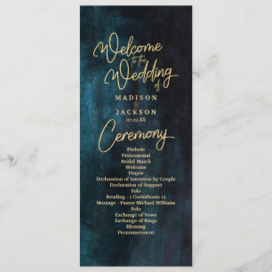 Navy Blue & Teal Watercolor Gold Wedding Program Programme