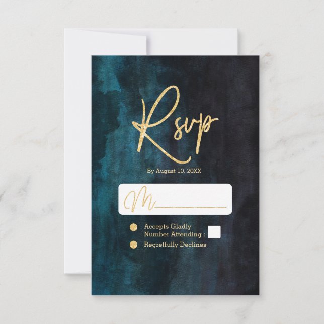 Navy Blue & Teal Watercolor & Gold Wedding RSVP (Front)