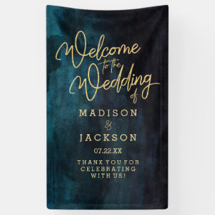 Navy Blue & Teal Watercolor Gold Wedding Welcome Banner