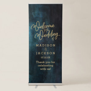 Navy Blue & Teal Watercolor Gold Wedding Welcome Retractable Banner