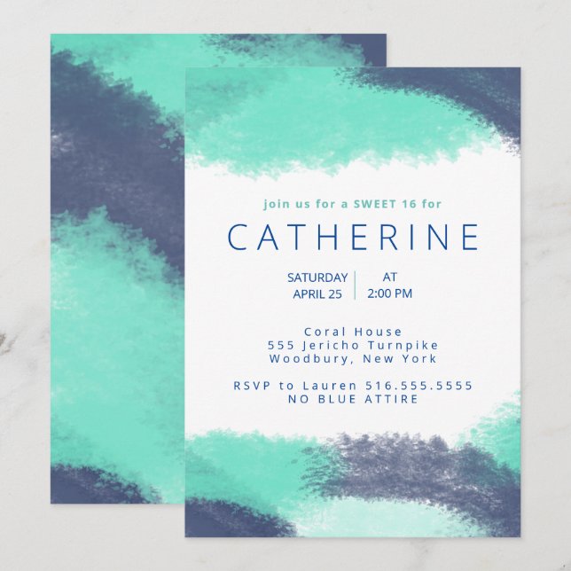 Navy Blue Teal watercolor Sweet 16 Party Invitation (Front/Back)