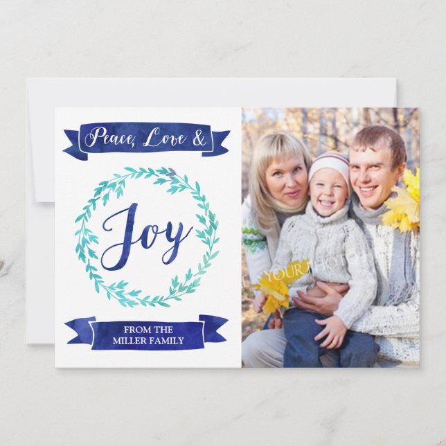 Navy Blue Teal Watercolor Wreath Christmas Photo Holiday Card (Front)