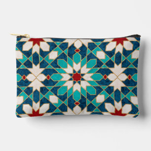 Navy Blue Teal White Red Marble Moroccan Mosaic Accessory Pouch