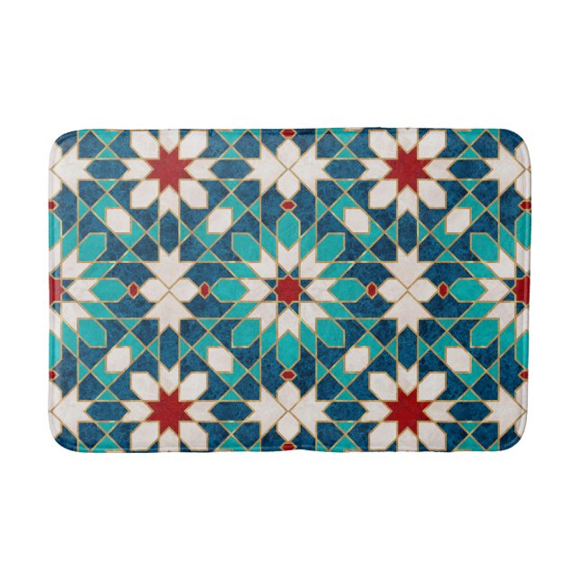 Navy Blue Teal White Red Marble Moroccan Mosaic Bath Mat (Front)