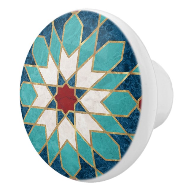 Navy Blue Teal White Red Marble Moroccan Mosaic Ceramic Knob (Right)