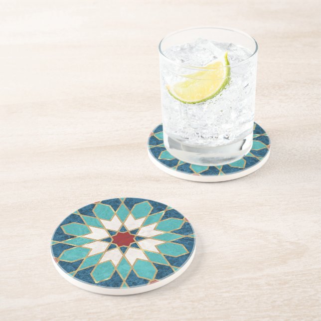 Navy Blue Teal White Red Marble Moroccan Mosaic  Coaster (Side)