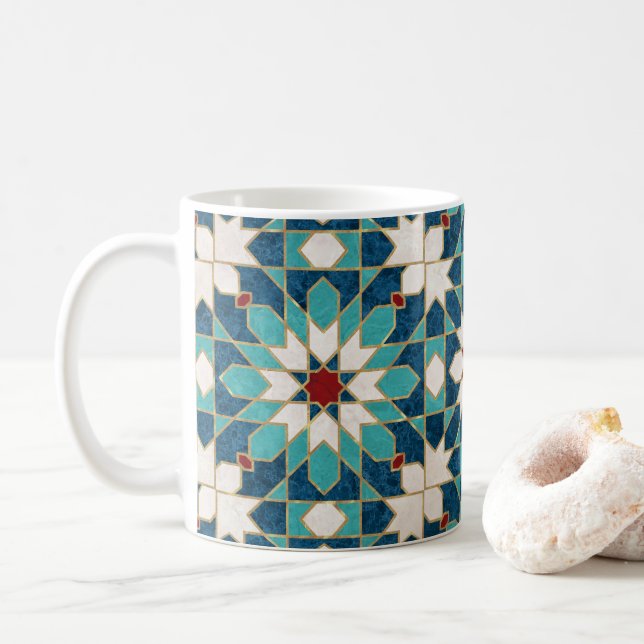 Navy Blue Teal White Red Marble Moroccan Mosaic Coffee Mug (With Donut)