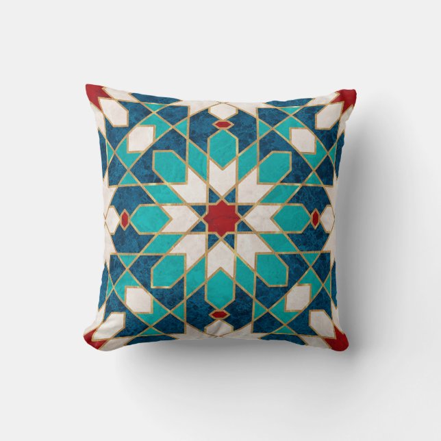 Navy Blue Teal White Red Marble Moroccan Mosaic  Cushion (Front)