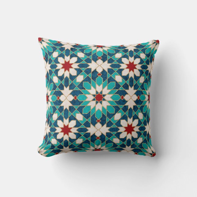 Navy Blue Teal White Red Marble Moroccan Mosaic Cushion (Front)