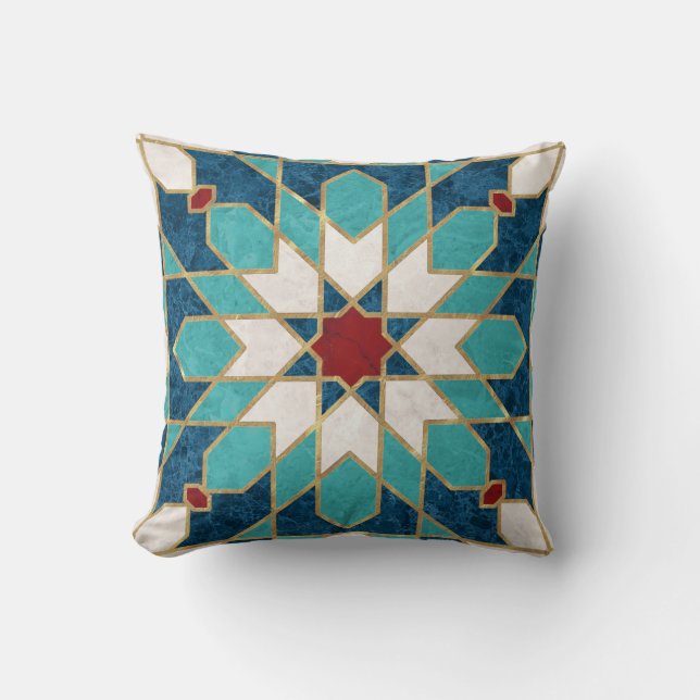 Navy Blue Teal White Red Marble Moroccan Mosaic Cushion (Front)