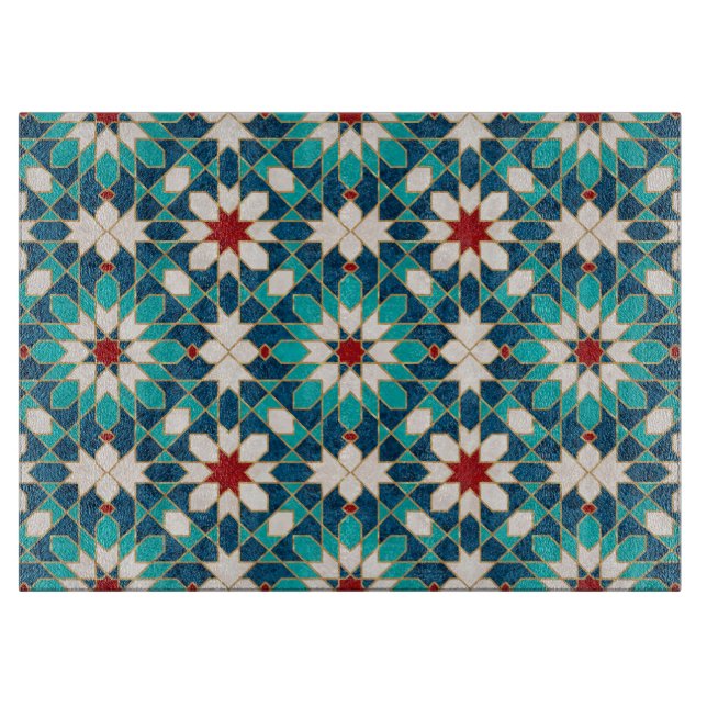 Navy Blue Teal White Red Marble Moroccan Mosaic   Cutting Board (Front)