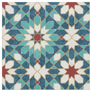 Navy Blue Teal White Red Marble Moroccan Mosaic Fabric