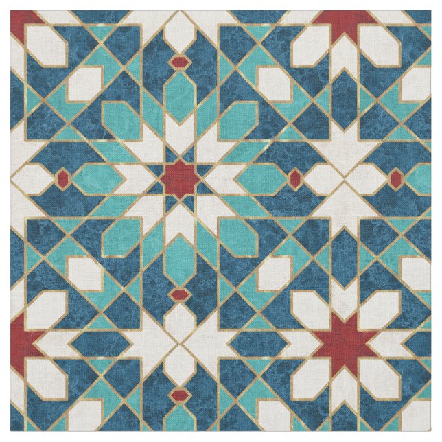 Navy Blue Teal White Red Marble Moroccan Mosaic Fabric (Close Up)