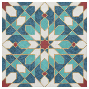 Navy Blue Teal White Red Marble Moroccan Mosaic Fabric