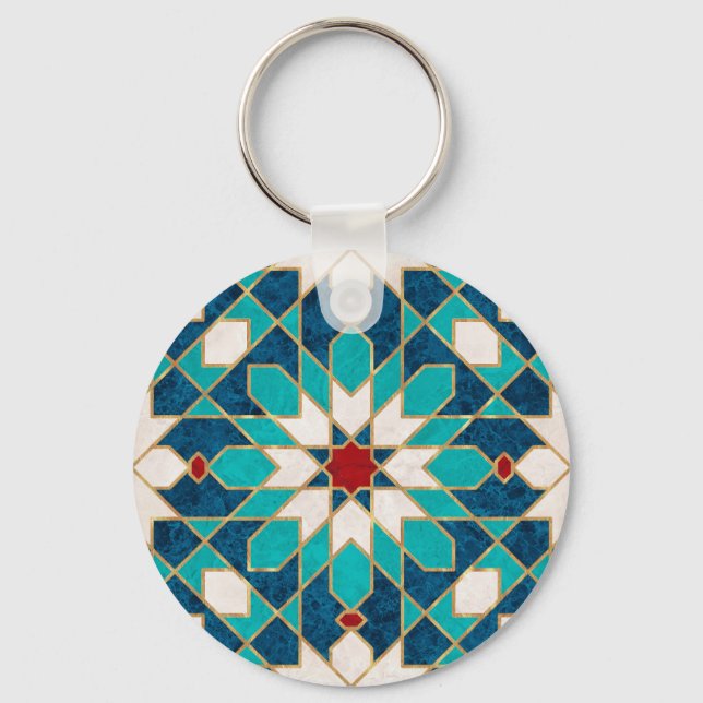Navy Blue Teal White Red Marble Moroccan Mosaic  Key Ring (Front)