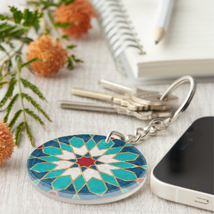 Navy Blue Teal White Red Marble Moroccan Mosaic Key Ring
