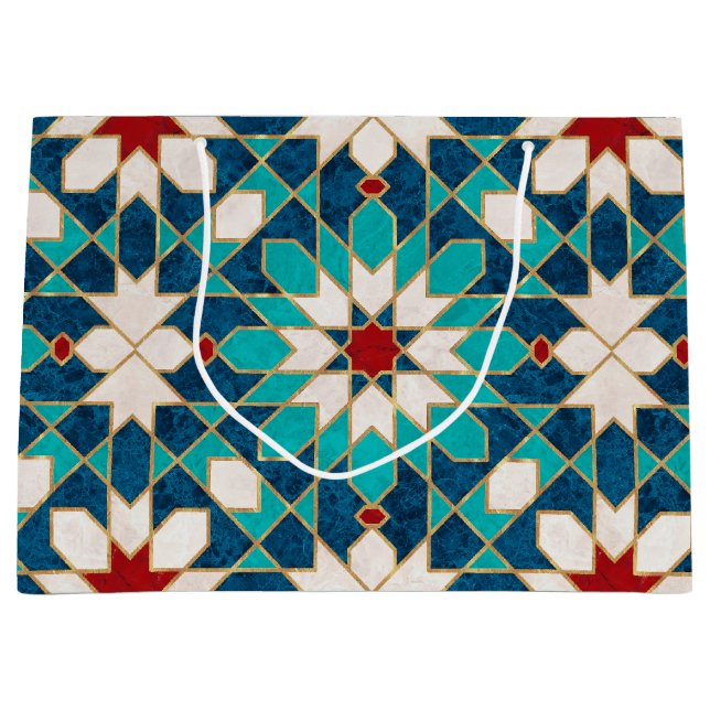 Navy Blue Teal White Red Marble Moroccan Mosaic   Large Gift Bag (Front)