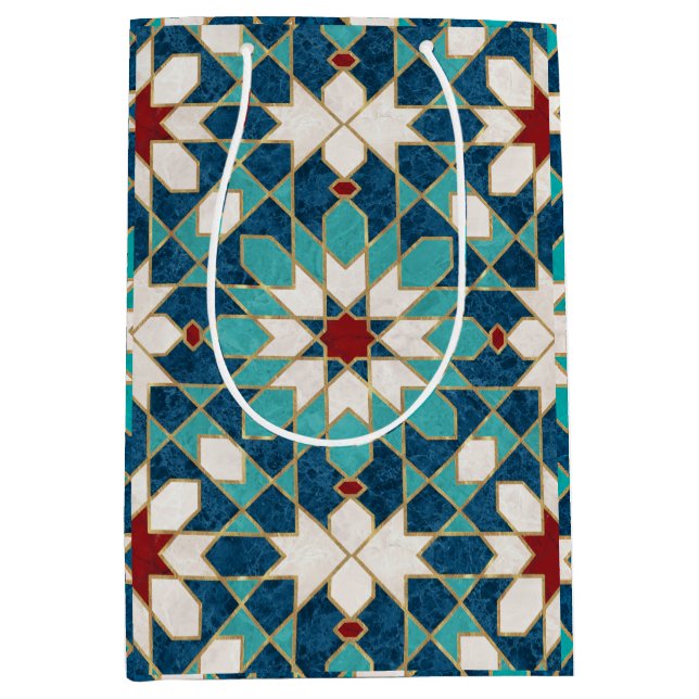 Navy Blue Teal White Red Marble Moroccan Mosaic    Medium Gift Bag (Front)