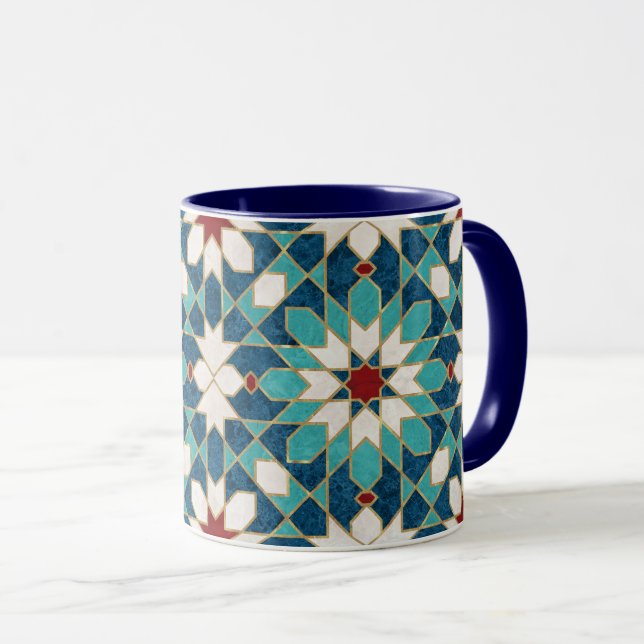 Navy Blue Teal White Red Marble Moroccan Mosaic Mug (Front Right)
