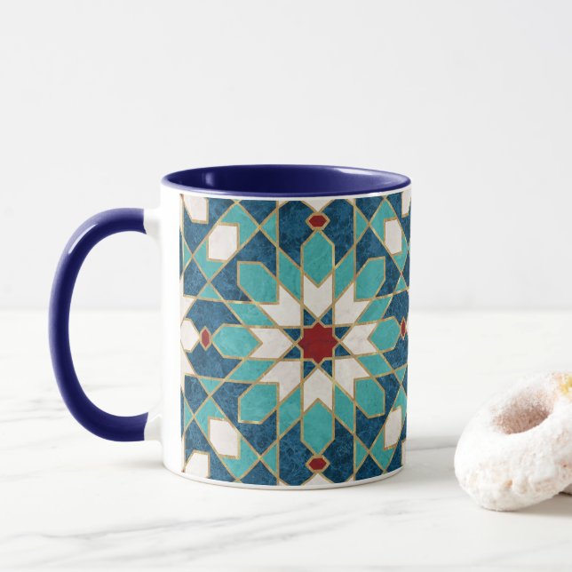 Navy Blue Teal White Red Marble Moroccan Mosaic Mug (With Donut)