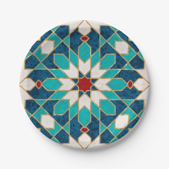 Navy Blue Teal White Red Marble Moroccan Mosaic  Paper Plate (Front)