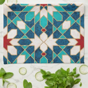 Navy Blue Teal White Red Marble Moroccan Mosaic  Tea Towel