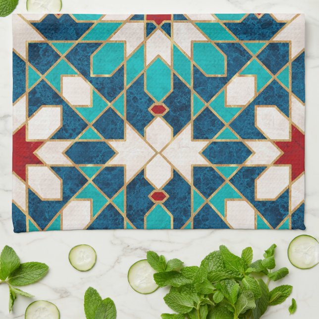 Navy Blue Teal White Red Marble Moroccan Mosaic  Tea Towel (Folded)