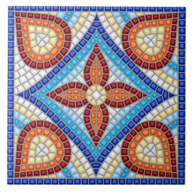 Navy Blue Teal White Red Marble Moroccan Mosaic  Tile (Front)