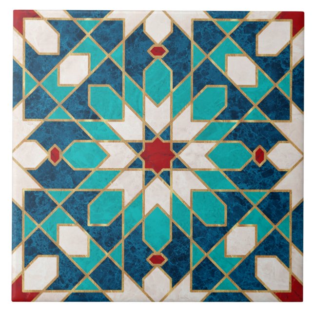 Navy Blue Teal White Red Marble Moroccan Mosaic Tile (Front)