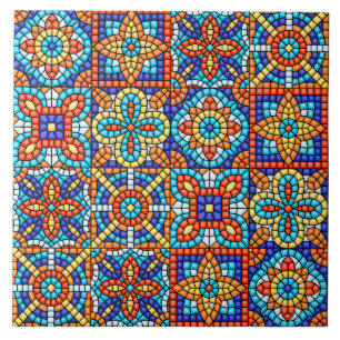 Navy Blue Teal White Red Marble Moroccan Mosaic Tile
